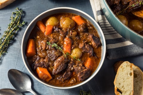 Hearty homemade gourmet beef stew with carrots and potatoes