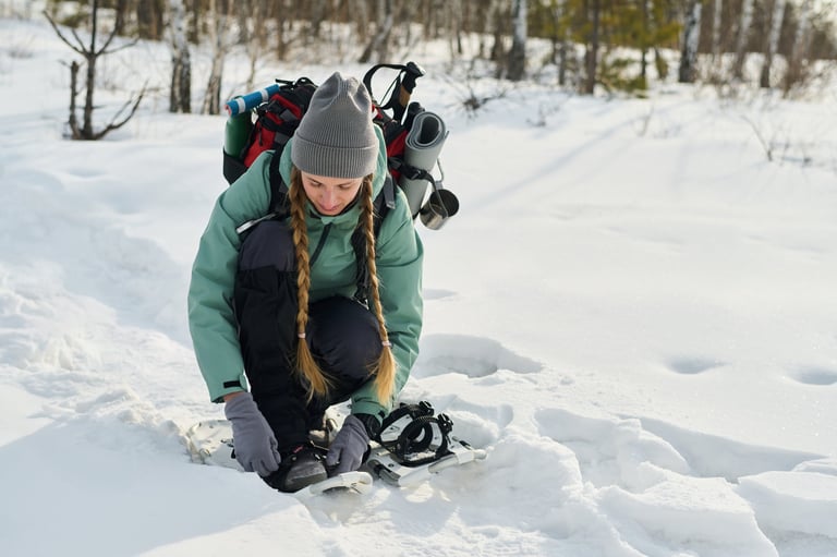 Snowshoeing through deep powder snow in winter forest