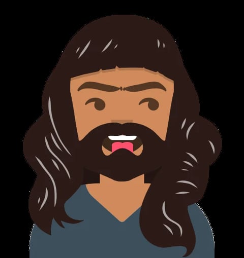 Illustrated portrait of a person with long dark hair, full black beard, raised eyebrows, and a friendly smile wearing a teal shirt