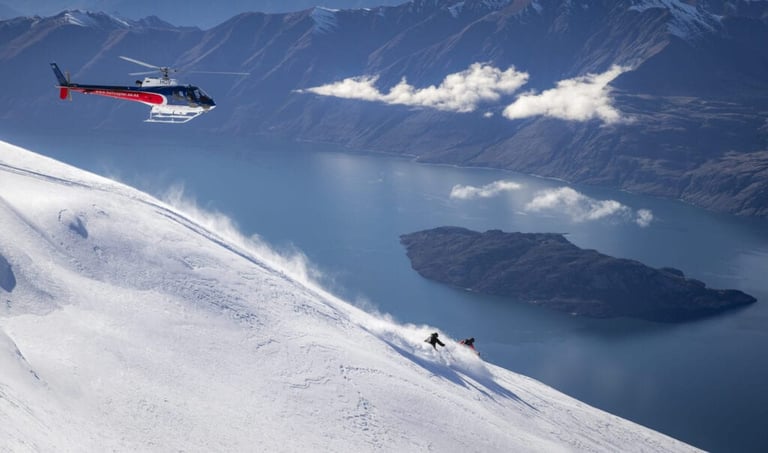 Skier descending snowy mountain slope with red helicopter and alpine lake visible below