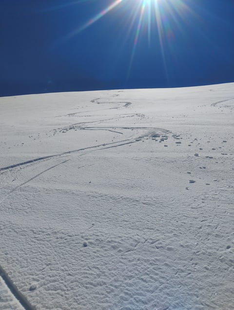 Bright sun shining over a snowy slope with visible ski tracks and footprints in the white powder