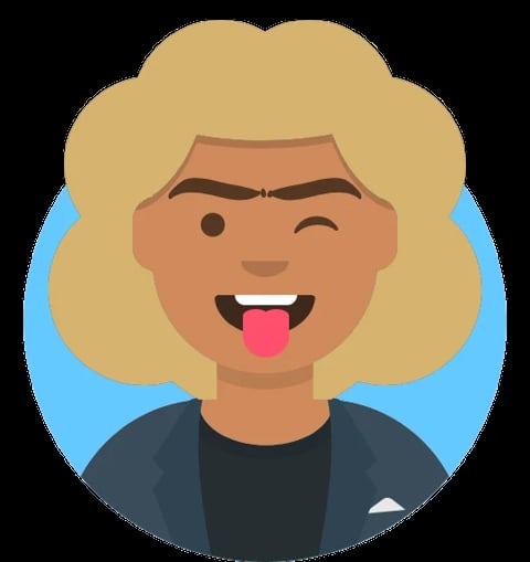 Illustration of a person with blonde wavy hair, winking with tongue out and smiling playfully