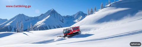 Red snowcat traversing snowy mountain landscape with snow-covered peaks and forested ridges under clear blue sky