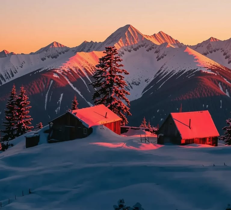 Two red-roofed cabins nestled in snowy mountains at sunset, with snow-covered peaks and evergreen trees in the background