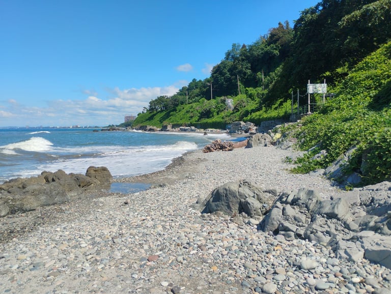 Rocky pebble beach with crashing waves and lush green cliffs