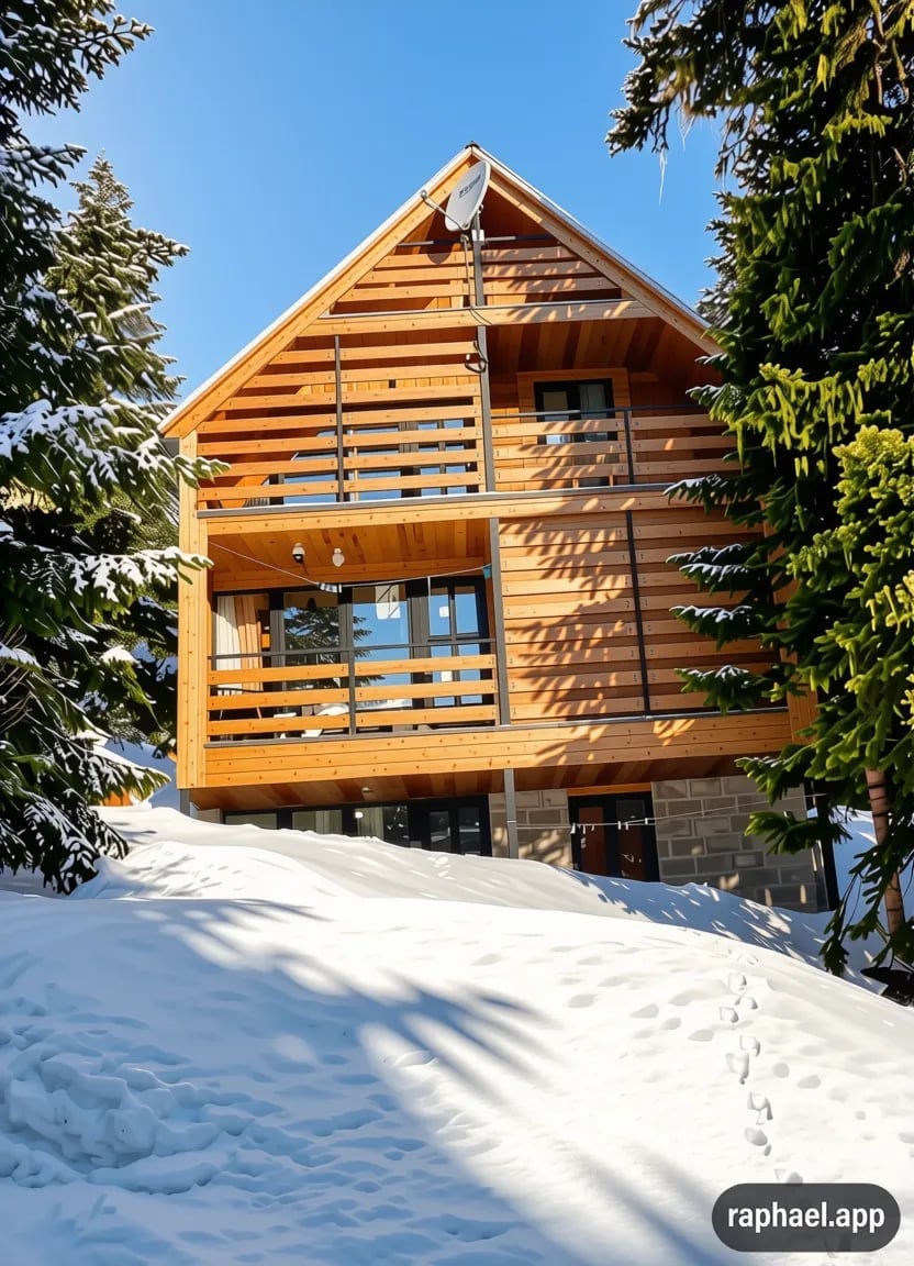 Modern wooden A-frame cabin in snowy landscape surrounded by evergreen trees