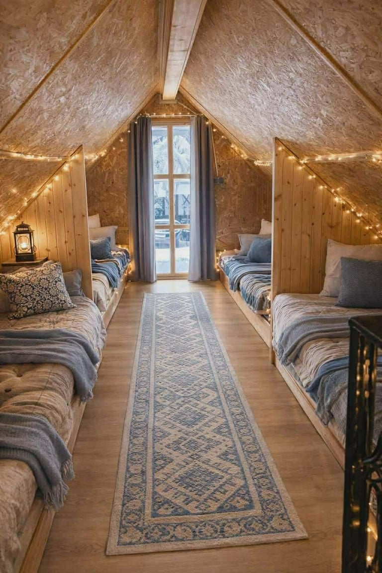 Cozy wooden cabin bedroom interior with four beds, warm string lights, central door, patterned runner rug, and sloped ceiling
