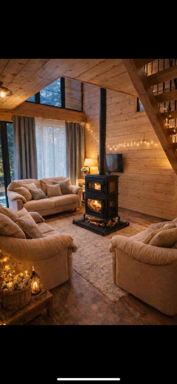Cozy wooden cabin interior with beige furniture, fireplace stove, warm string lights, and large windows overlooking nature