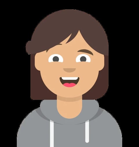 Smiling woman with brown shoulder-length hair wearing a gray hoodie, illustrated avatar style