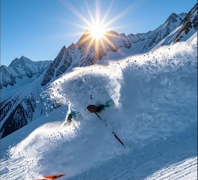 A skier descends a snow-covered mountain slope with bright sunlight and snowcapped peaks in the background