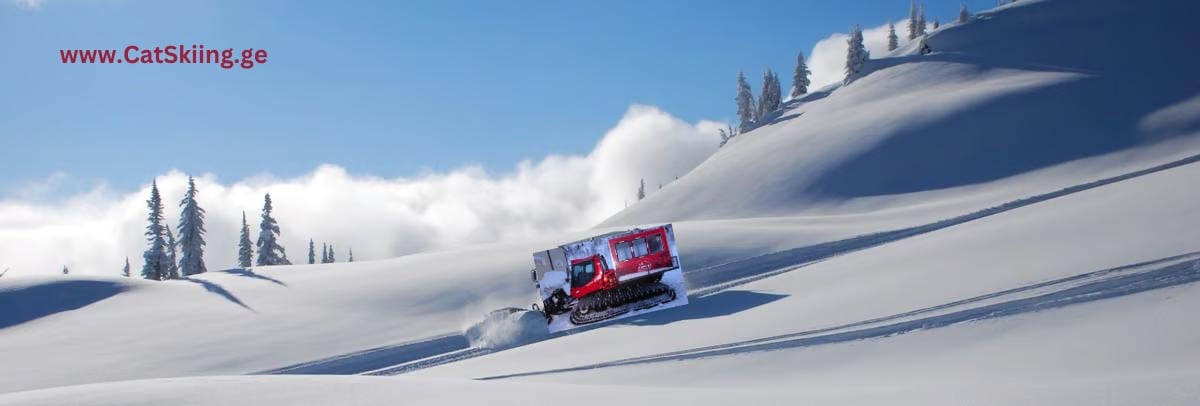 Red snowcat climbing snowy mountain slope with evergreen trees and blue sky with clouds