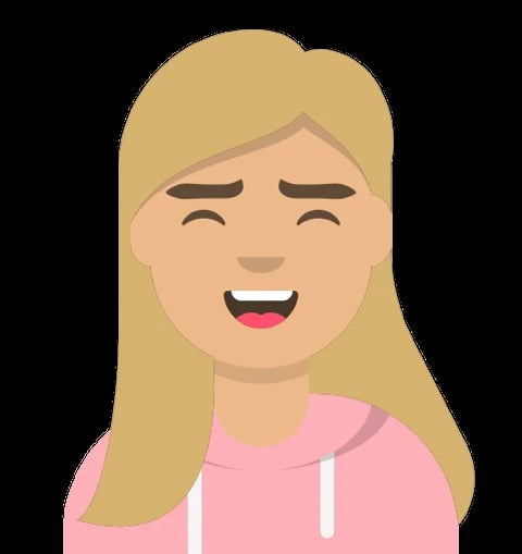 Illustration of a smiling woman with blonde hair wearing a pink shirt with closed eyes and a happy expression